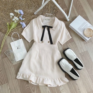 Set áo dạ line cổ nơ chân váy A