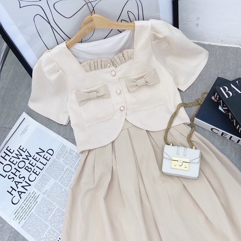 SET Áo croptop nơ nút ngọc kèm Chân Váy midi xếp ly màu nude NÀNG CLOSET