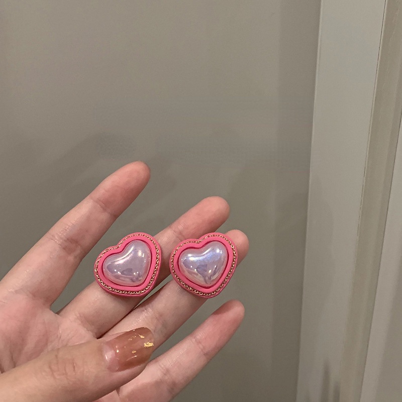Khuyên Tai Hình Trái Tim Đính Hạt Ngọc Trai Hồng Đơn Giản Hợp Thời Trang Mới