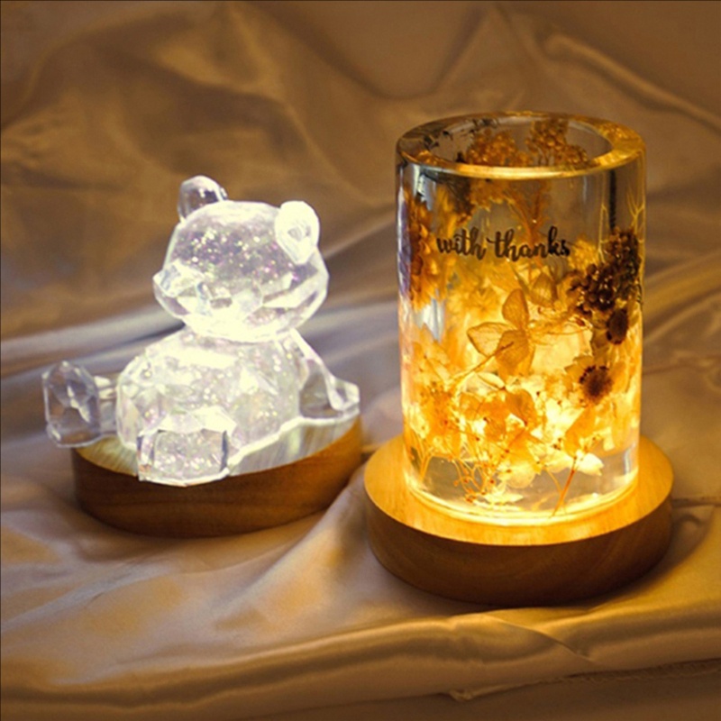 Sa Đế Đèn LED Nghệ Thuật Bằng Nhựa Resin + Gỗ + Đế Gắn Kính + Cổng Sạc USB