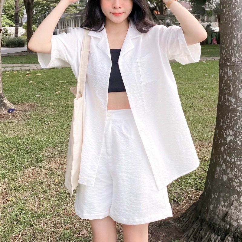 Set Đồ Nữ vải đũi /Sơ Mi Cổ Vest Mix Short Lưng Tây Chất Vải Đũi Phong Cách Ulzzang/ JayStoree2