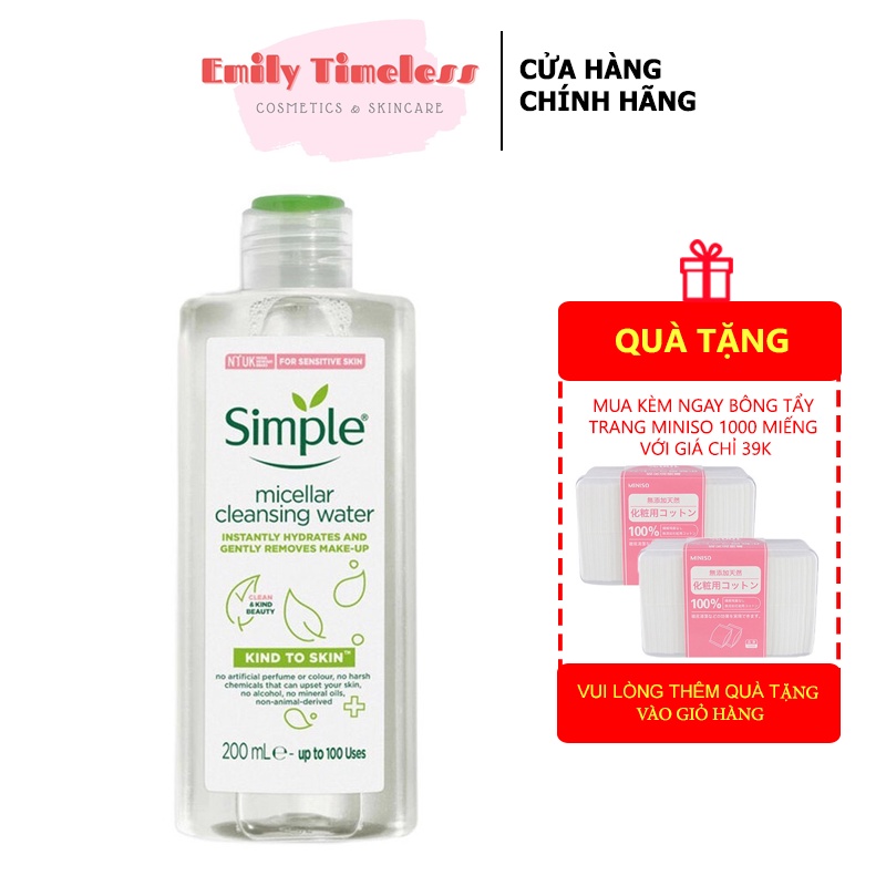 Nước Tẩy Trang Không Cồn Simple Dịu Nhẹ Kind To Skin Micellar Cleansing Water Dành Cho Mọi Loại Da 200ml