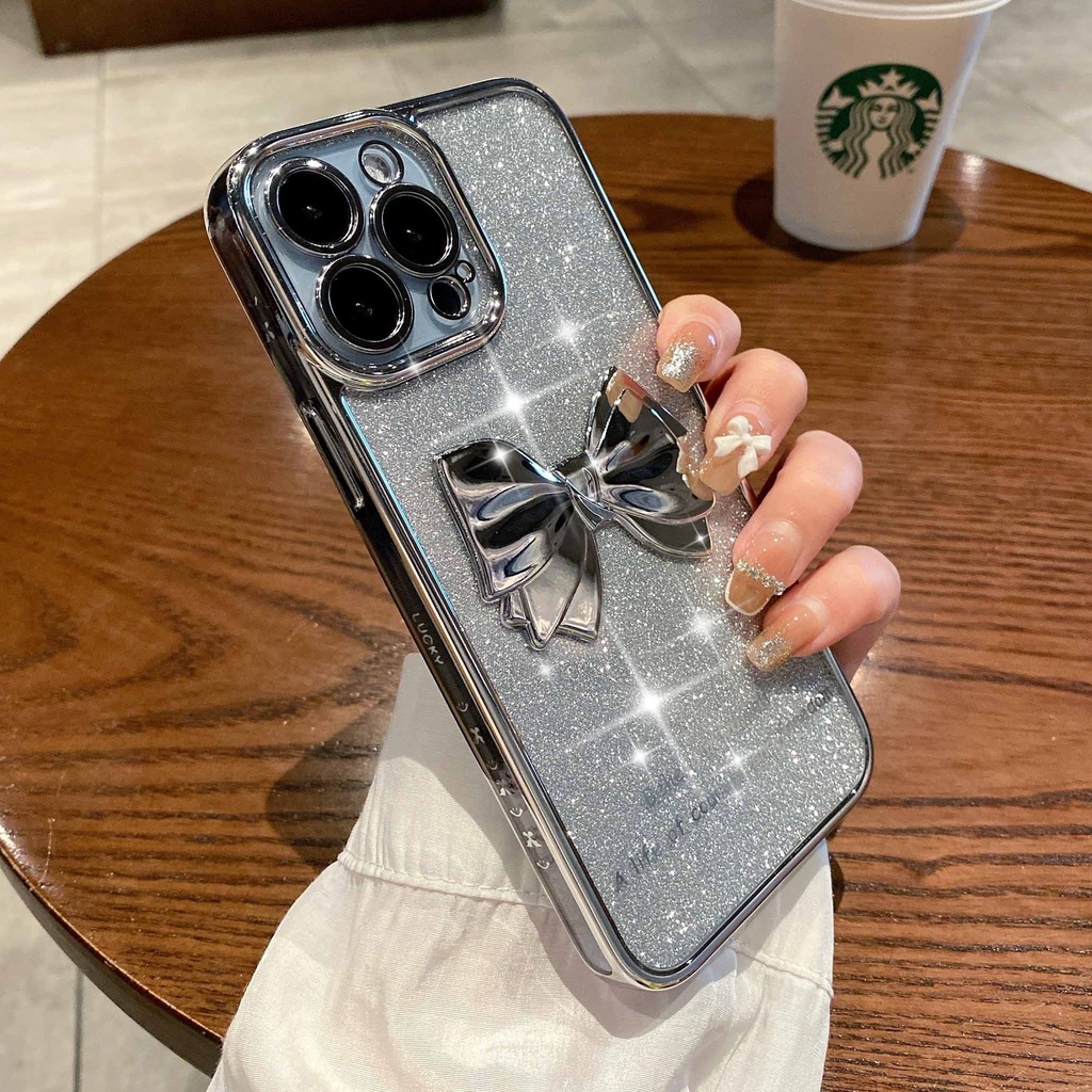 Ốp Điện Thoại Silicon Mềm Hình Nơ Kim Tuyến Lấp Lánh Cho iPhone 11 12 13 Pro Max