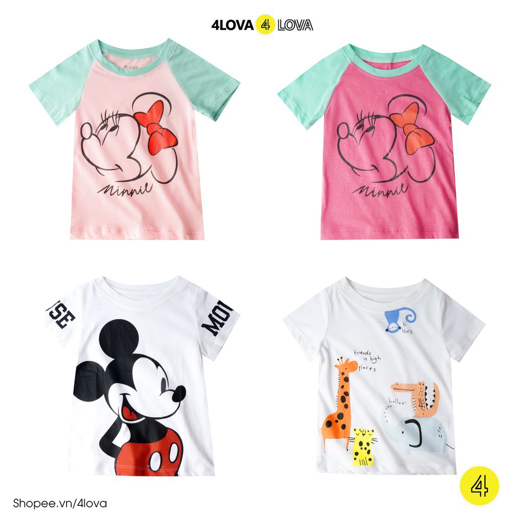 Áo thun cộc tay cổ tròn 4LOVA họa tiết mickey và thú cho bé gái