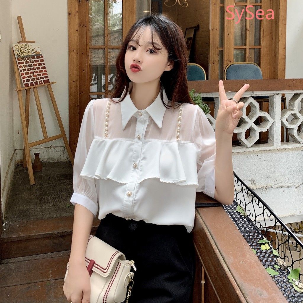 Áo sơ mi nữ tay ngắn đính ngọc trai giả phong cách Pháp thời trang mùa hè