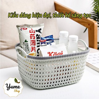 Rổ nhựa chữ nhật giả đan mây có quai nhỏ đựng đồ đựng mỹ phẩm đồ gia dụng Tachi Store mã 3377-1