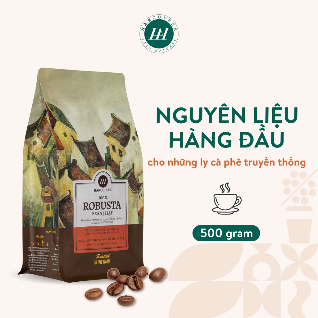 Cà Phê Phin Robusta Rang Xay Nguyên Chất HANCOFFE Đậm Đắng Hậu Ngót Sâu 500g -HN100RB1