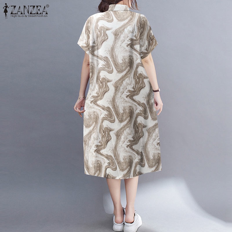 Đầm dài Zanzea tay ngắn cổ bẻ dáng rộng in họa tiết phong cách đáng yêu cho nữ