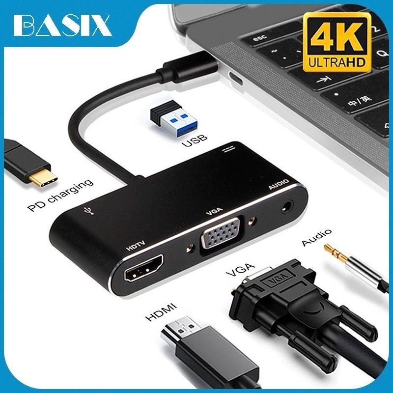 Hub Chuyển Đổi Usb C 5 Trong 1 Type-C Sang 4K HDMI VGA PD Với Cáp Aux 3.5mm Cho Macbook Air M1 Pro