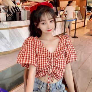 Áo Croptop Tay Ngắn Cổ Chữ V Hoạ Tiết Sọc Ca Rô Thời Trang Hàn Quốc