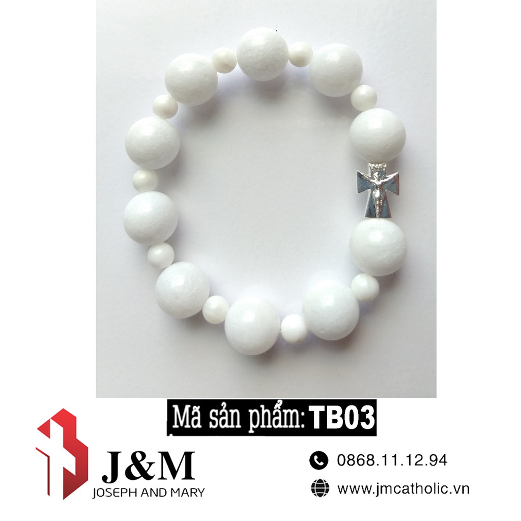 Tràng chuỗi Mân Côi đá MN màu trắng Thánh Giá bạc đẹp 10mm