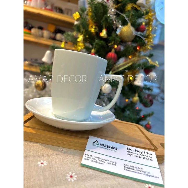 Bộ tách ly cốc sứ uống nước cà phê trà có quai dáng vuông Bát Tràng cao  trắng trơn 390ML C6024 cao cấp thanh lịch