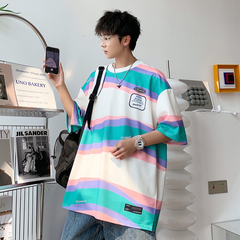 Áo Thun Tay Ngắn Cổ Tròn Họa Tiết Kẻ Sọc Thời Trang Mùa Hè 2022 Cho Nam