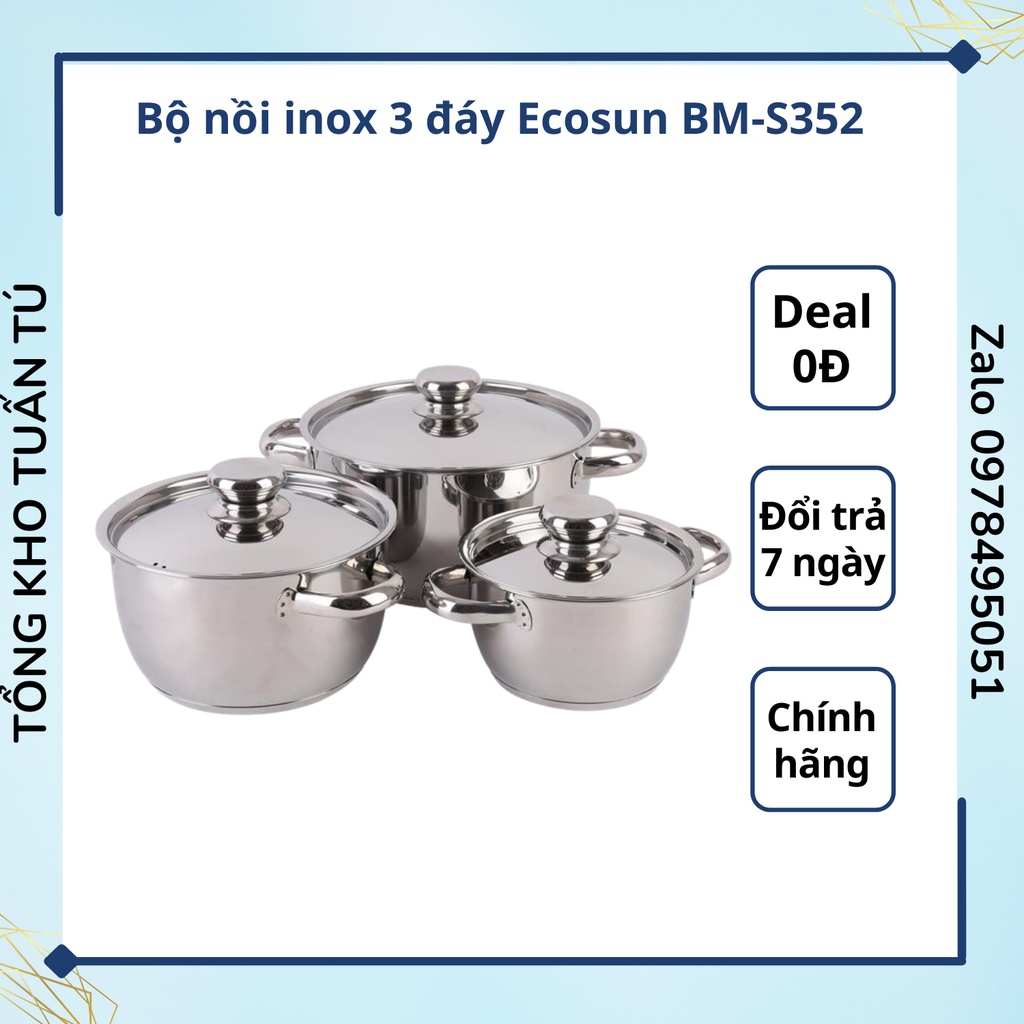 Bộ nồi inox 3 đáy Ecosun BM-S352 bếp từ hàng chính hãng cao cấp