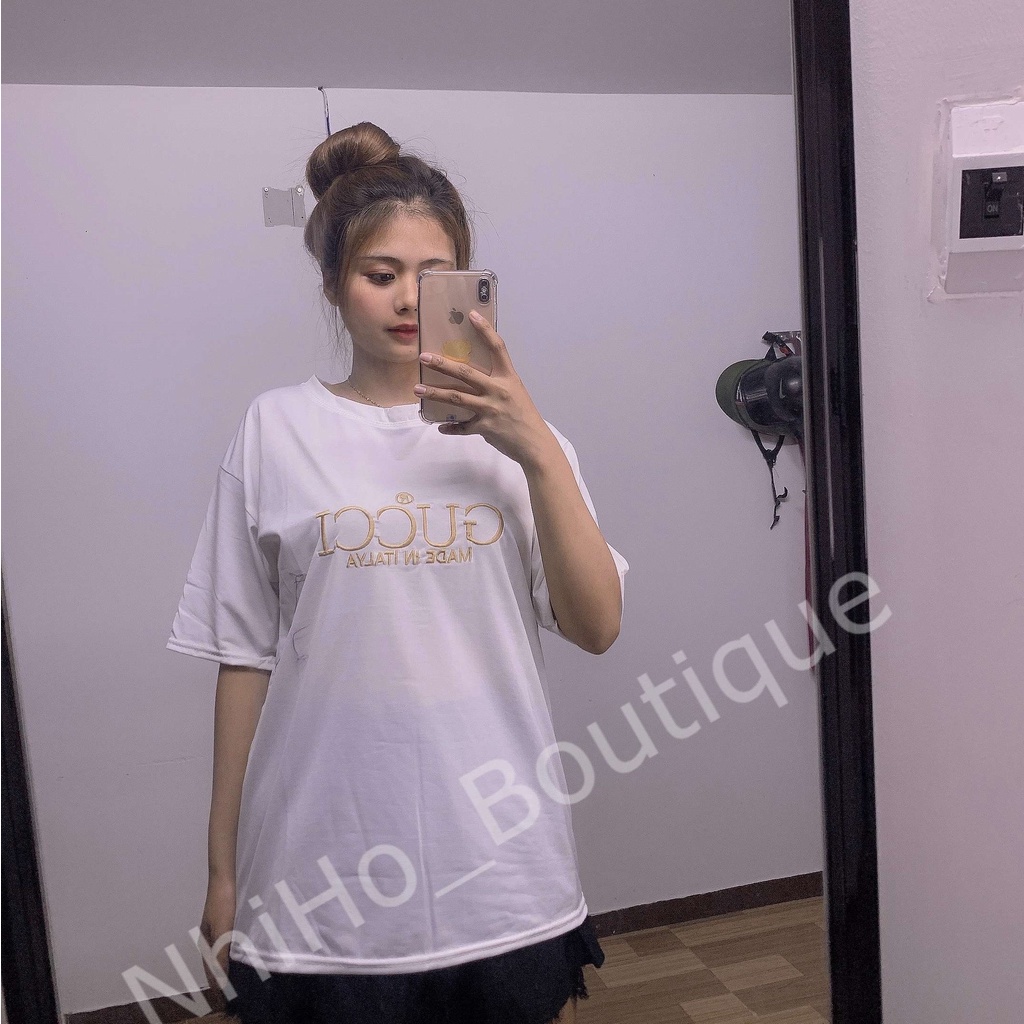 Áo thun unisex nữ thêu chữ Gucci cổ tròn tay lỡ form rộng chất vải cotton