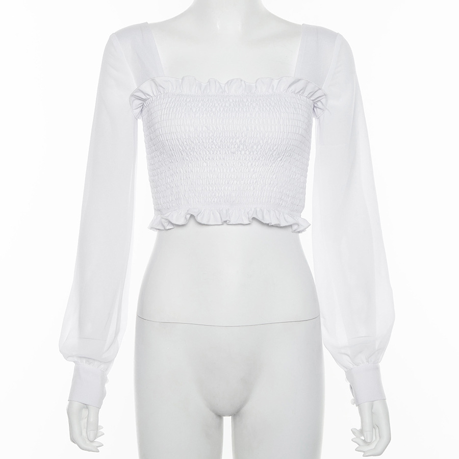 Áo Kiểu Tay Dài Cổ Vuông Màu Trơn Phối Lưới Xếp Ly Dáng Ôm Thời Trang Cho Nữ