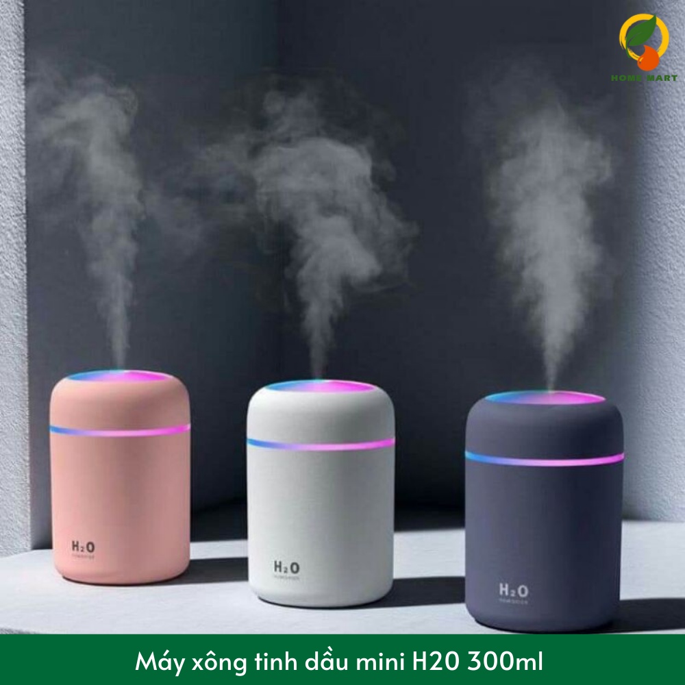 Máy xông tinh dầu khuếch tán tinh dầu Humidifier H2O hình trụ 300ml phun sương tạo độ ẩm, lan tỏa hương thơm, đèn Led 7