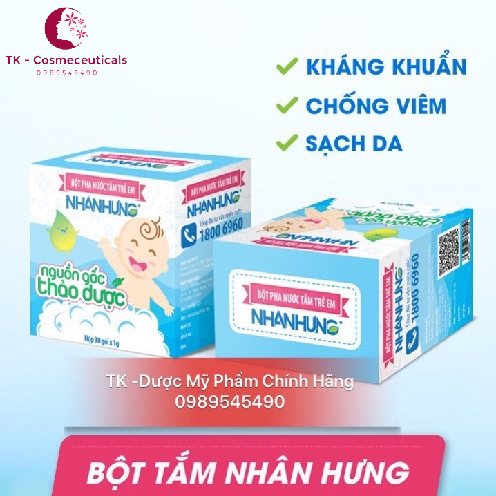 (CHÍNH HÃNG) Bột Tắm Nhân Hưng Trẻ Hết Hăm Da, Chàm Sữa, Rôm Sảy, Mụn Nhọt, Mẩn Ngứa - Hộp 30 Gói