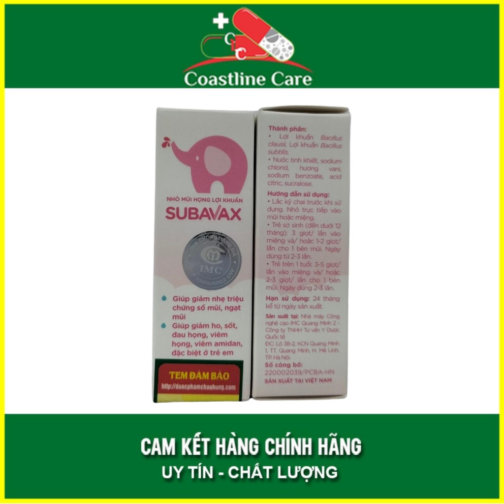 Nhỏ Mũi Họng Lợi Khuẩn SUBAVAX - Giảm sổ mũi, ngạt mũi, đau họng amidan -Chai 10 ml - CLC Pharmacy