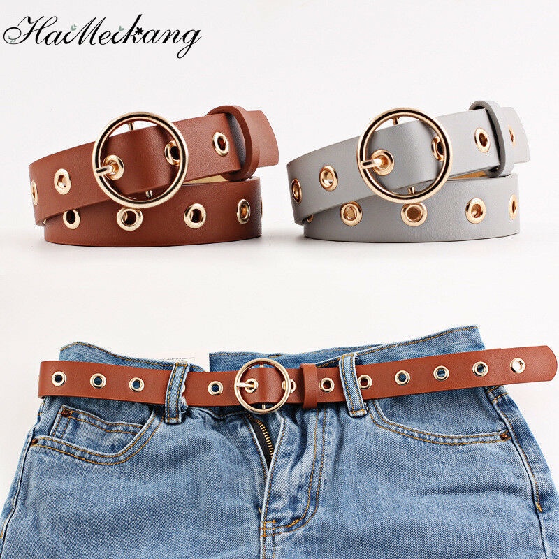 Haimeikang Thắt lưng bằng da màu trơn khóa kim loại thời trang cho nữ