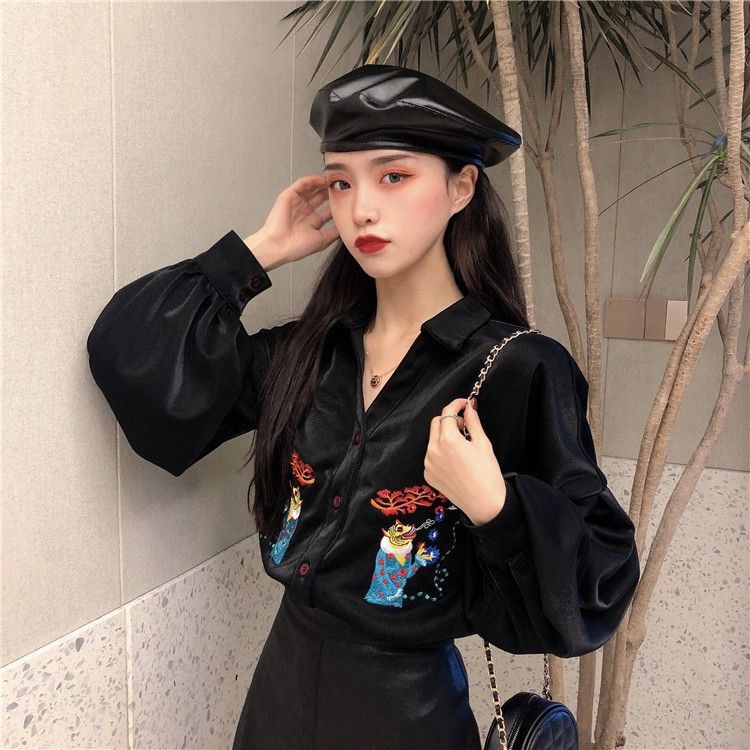 [ORDER] Set áo sơ mi đen tay dài nữ thêu hình + váy ôm đen nữ ngắn ulzzang ( có bán riêng )