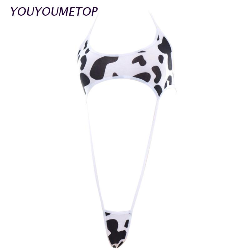 Bộ đồ ngủ liền thân hai dây hở lưng in họa tiết bò sữa màu trắng đen gợi cảm dành cho nữ