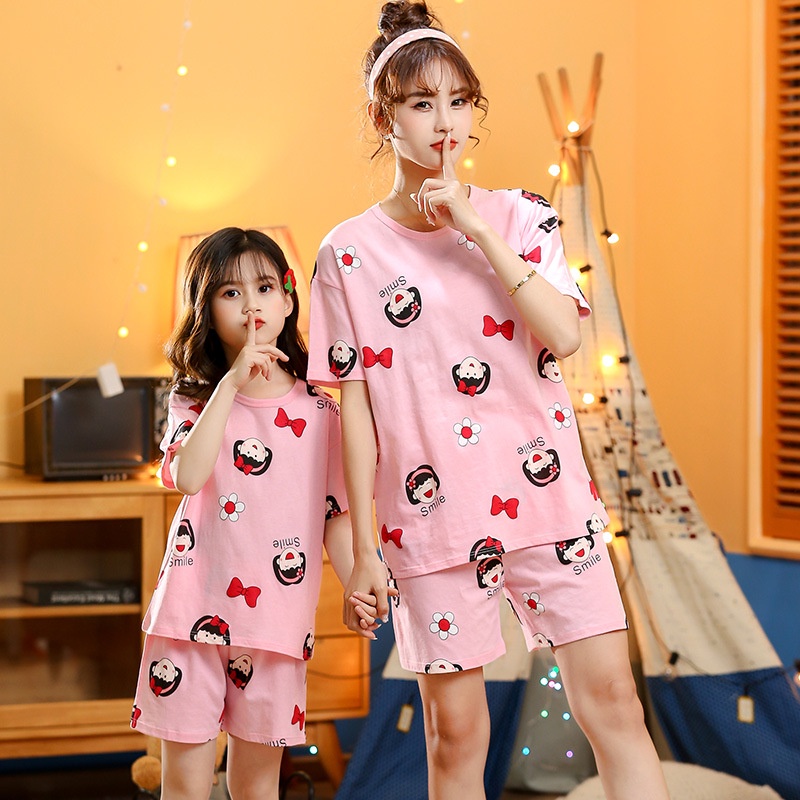 Bộ Đồ Ngủ 2 Món Áo Tay Ngắn + Quần Dài Vải Cotton Mềm Cho Mẹ Và Bé