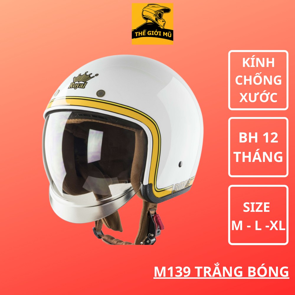 Mũ bảo hiểm 3/4 Royal M139 trắng bóng viền vàng chính hãng, Thế Giới Mũ