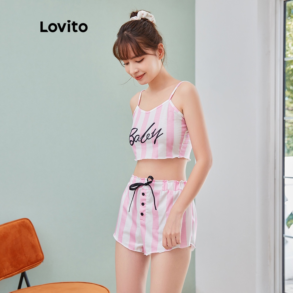 Set trang phục Lovito in họa tiết chữ thiết kế khuy phía trước kiểu dáng vừa vặn L04105 (Màu hồng)