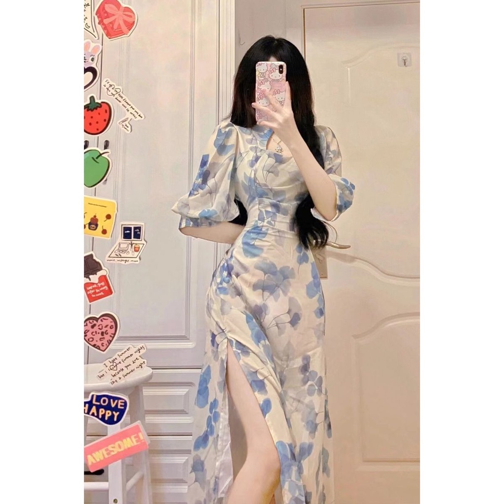 Đầm Xẻ Tà In Họa Tiết Hoa Phong Cách Pháp Thời Trang Mùa Hè Cho Nữ