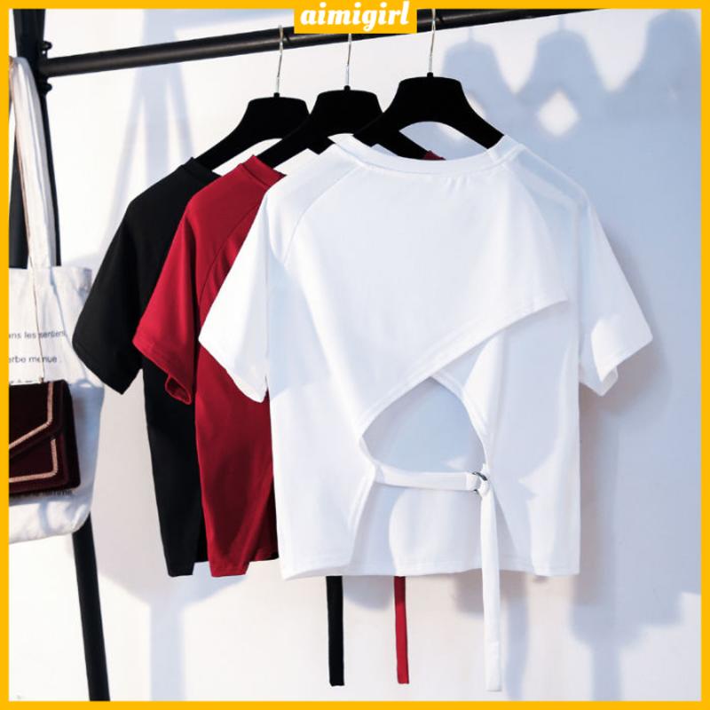 Áo Thun Tay Ngắn Xẻ Tà Sau Lưng Phong Cách Hàn Quốc Độc Đáo Cho Nữ