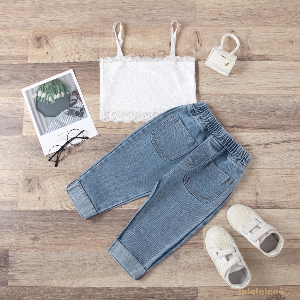 Set Áo Croptop Sát Nách Phối Ren Hoa + Quần Jean Dài Màu Sắc Trơn Cho Bé Gái Laa6
