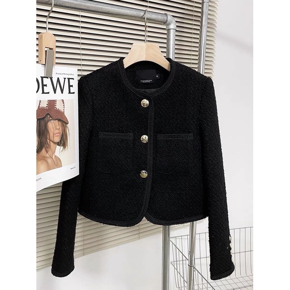 Áo dạ tweed khuy vàng dáng ngắn