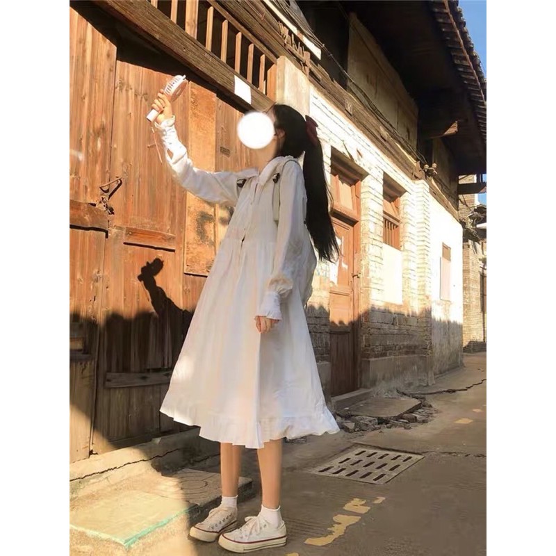 Váy babydoll dài tay mùa đông trắng dễ thương ulzzang vintage