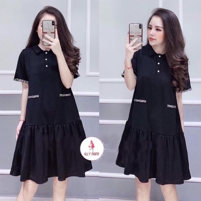 Váy bầu đen công sở cổ sơ mi CAO CẤP, chất đũi mềm mịn, có thể cho bé bú sau sinh