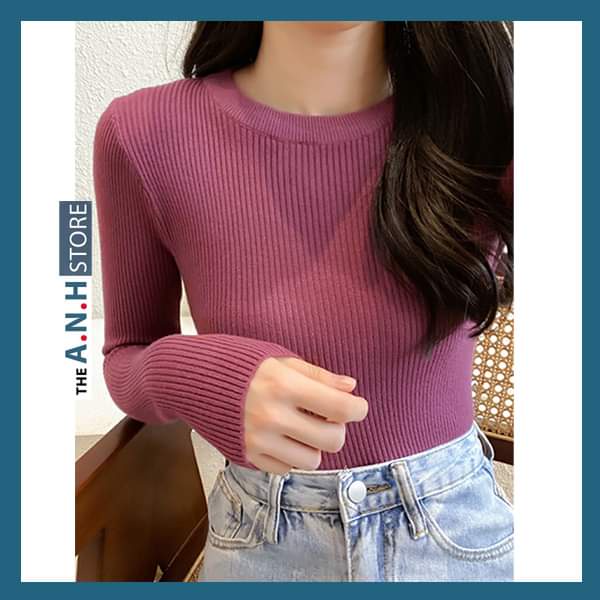 Áo thun gân len nữ cổ tròn dài tay , phom ôm ANHSTORE phong cách Hàn Quốc, chất thun gân cotton len mềm mịn