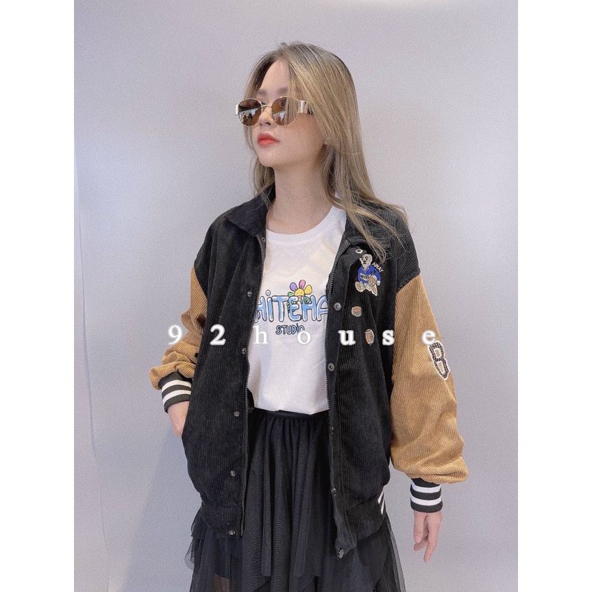 Áo khoác bomber unisex thêu gấu teddy / Áo khoác nam nữ nhung tăm thêu gấu bóng chày cá tính