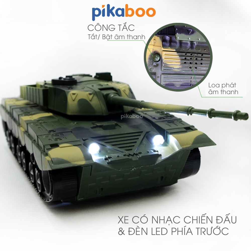 Xe tăng điều khiển từ xa Pikaboo, có đèn và nhạc, màu dằn di bộ đội khỏe khoắn, chất liệu đã được kiểm định an toàn