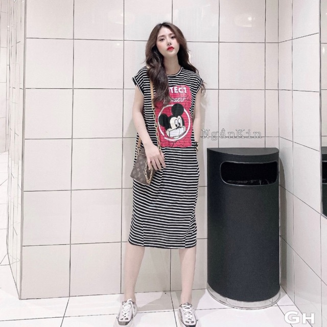 Đầm suông chất cotton hoạ tiết chuột micky pro dáng dài - Váy thun dạo phố freesize tay hến cổ tròn ba màu sang chảnh