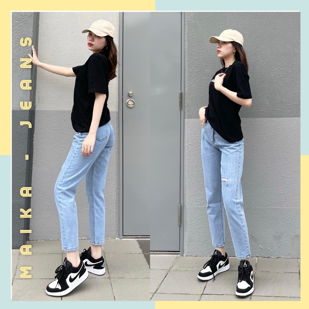 (Freeship) Quần Jeans Nữ Baggy Cạp Cao Siêu Tôn Dáng Rách Hông Và Đùi Lai Quân Cắt Gấu (Hình thật shop chụp)