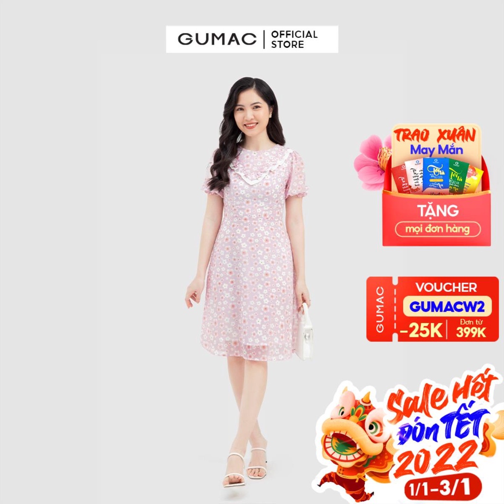 Đầm họa tiết hoa màu hồng GUMAC DB761