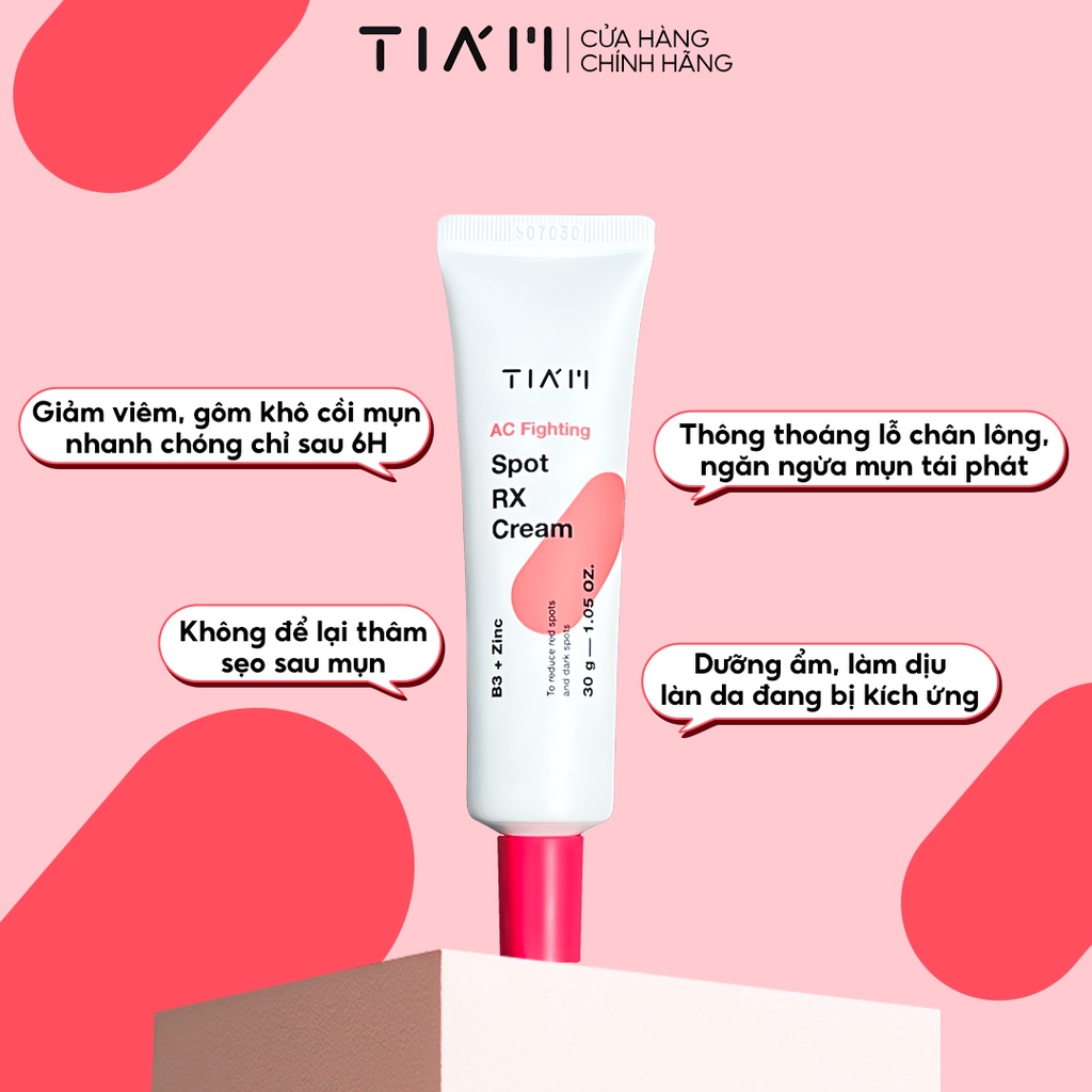 Kem Chấm Mụn 3 Tác Động Giảm Mụn, Mờ Thâm, Liền Sẹo 10% Niacinamide + 7% Zinc Oxide Tia'm AC Fighting Cream 30ml