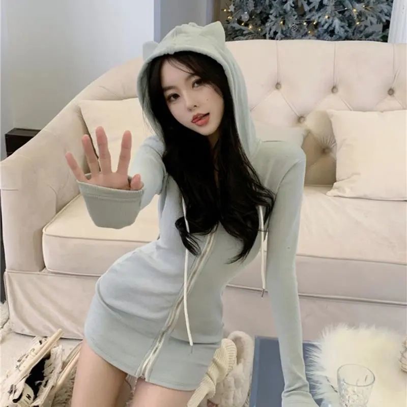 COZOK Đầm Dài Tay Có Mũ Phối Dây Rút Thời Trang