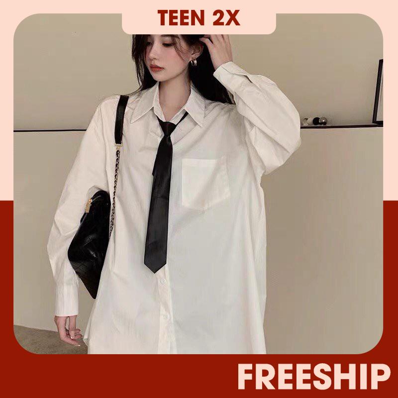 Áo Sơ Mi Trắng Tay Dài Kèm Cà Vạt Túi Nắp Ngực Cổ Bẻ Cá Tính Fom Rộng Phong Cách Hàn Quốc MãB22