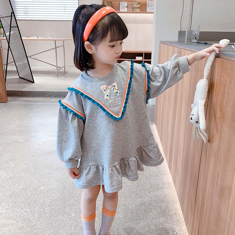 Váy Nỉ Cotton Dài Tay Thu Đông Cho Bé Gái Phong Cách Hàn Quốc 1 2 3 4 5 tuổi Binhphuong.Store