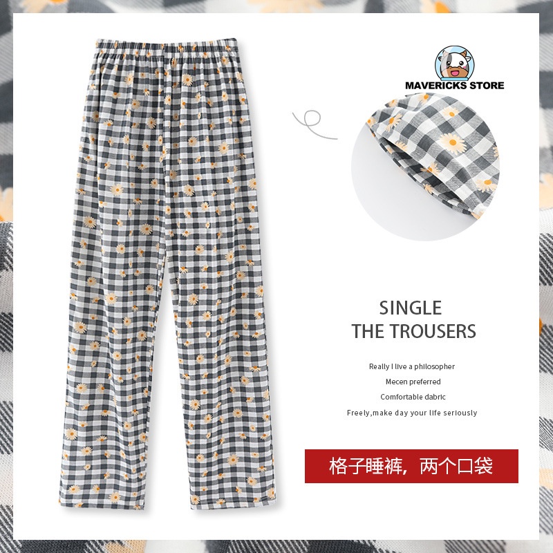 Quần ngủ cotton ống rộng họa tiết caro phong cách Hàn Quốc