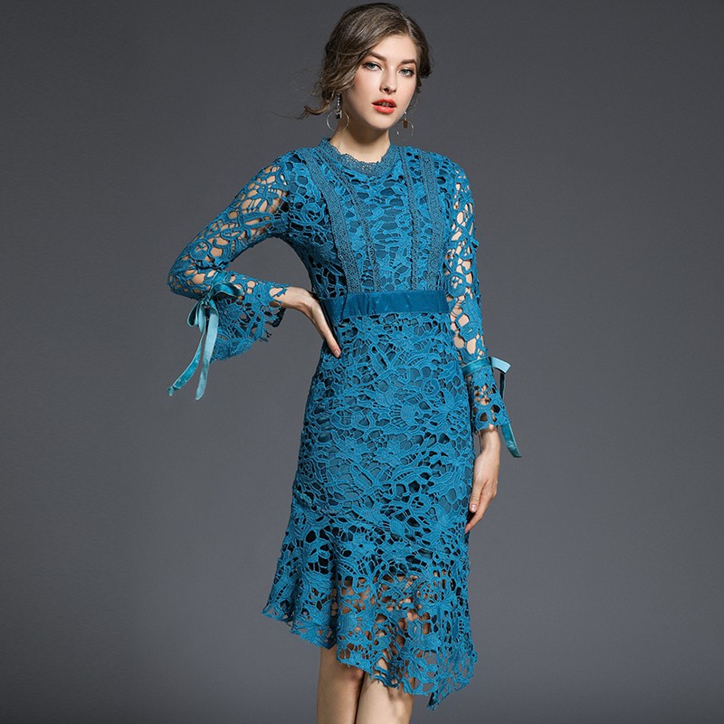 Real Shot Women's High Quality Lace Midi Blue Party Dress