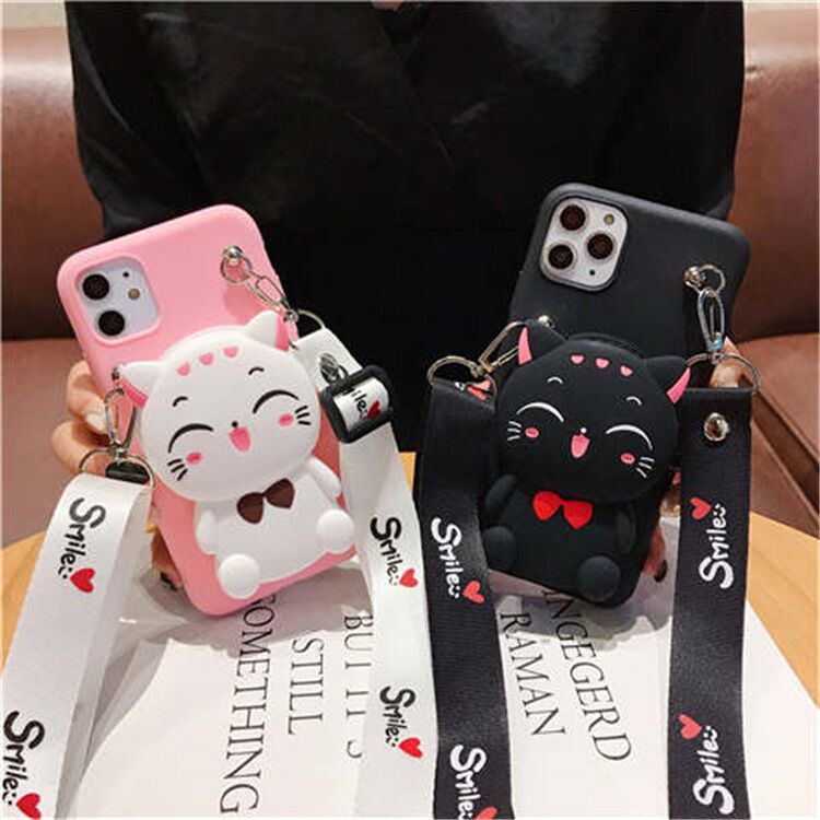 vỏ điện thoại Samsung Galaxy Note20 S20 S21 Plus S21 Ultra A02S A42 A12 A52 A72 A32 F62 M62 Cartoon Soft TPU Coin Back Cover Cute 3D Lucky Cat Wallet Bags Phone Case With Lanyard
