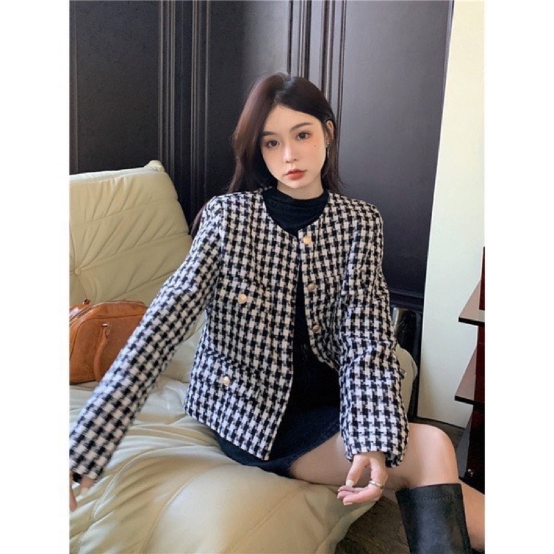[HÀNG SẴN]ÁO DẠ TWEET KẺ GINGHAM CÚC ĐỒNG TIỂU THƯ