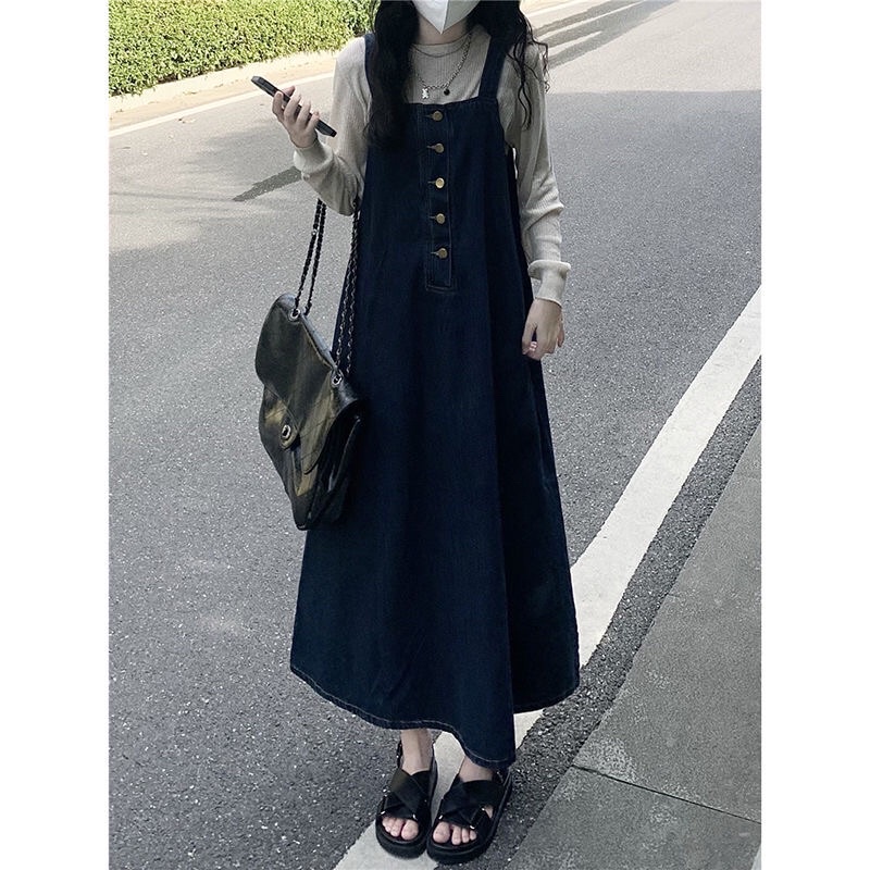 --Váy yếm demin vintage mùa thu kiểu Pháp